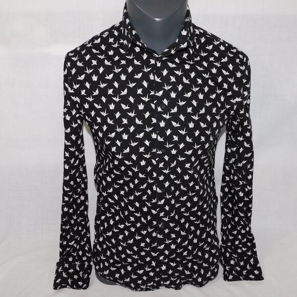 H&M Premium Cotton Slim Fet Mens S Black White Paper Crane Print LS Button Shirt - Picture 1 of 9